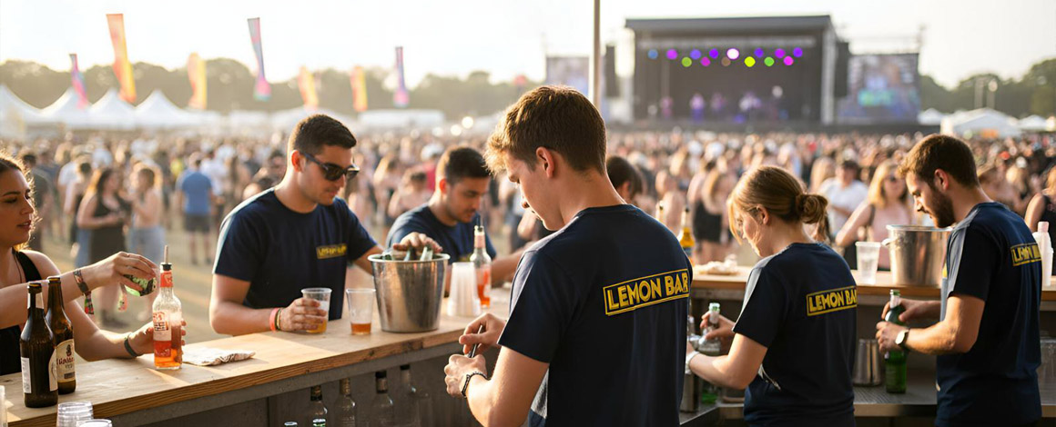 bar-crew met bedrukte t-shirts aan het werk tijdens een festival