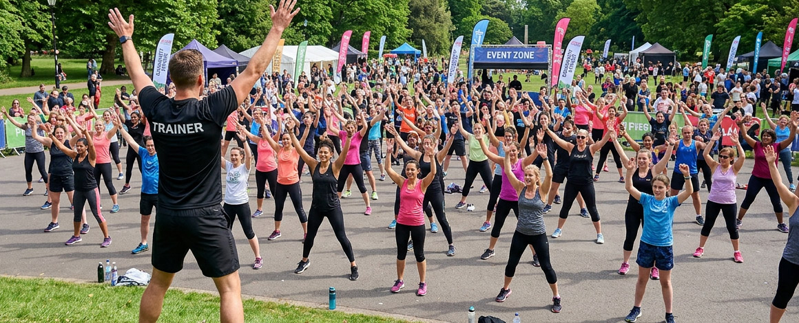 een trainer op de voorgrond geeft instructies tijdens een openlucht groepsessie aerobics