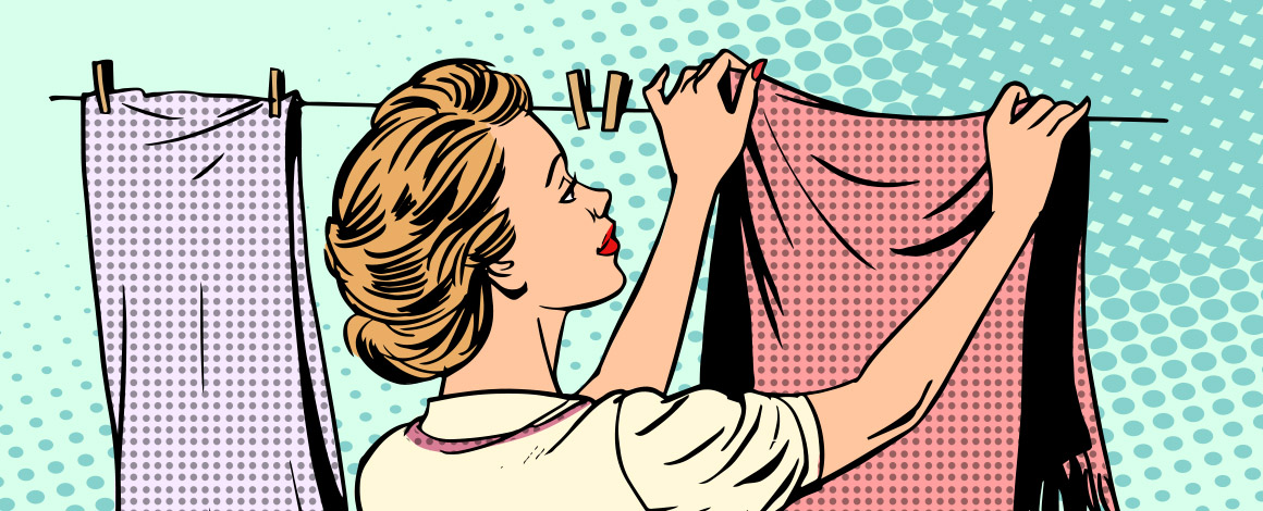 tekening in retro stijl van een vrouw die was ophangt op de wasdraad